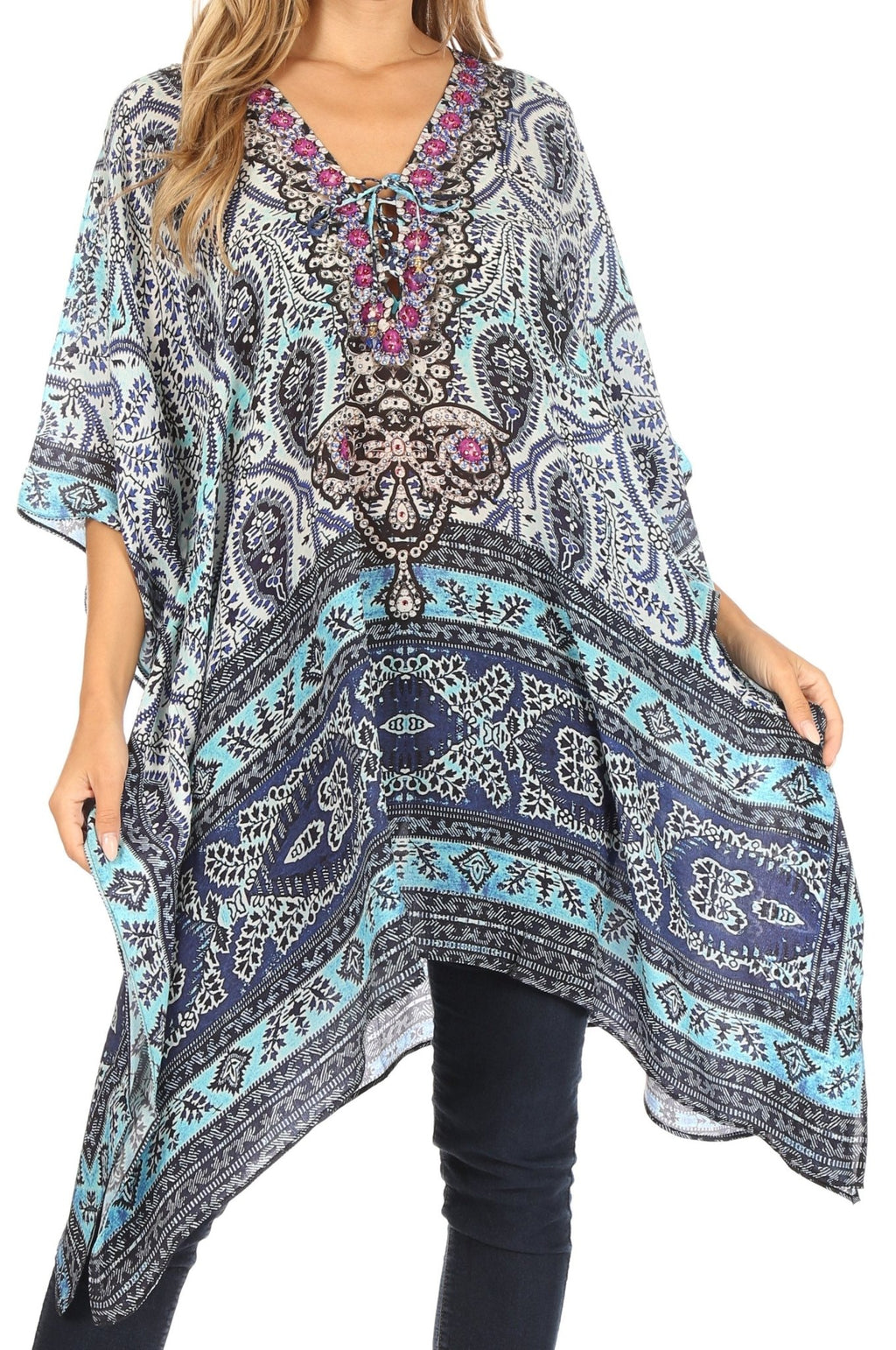 Stylish Rhinestone Lace-Up V-Neck Women's Caftan Poncho Cover-Up by Sakkas Aymee - Che Cose Belle