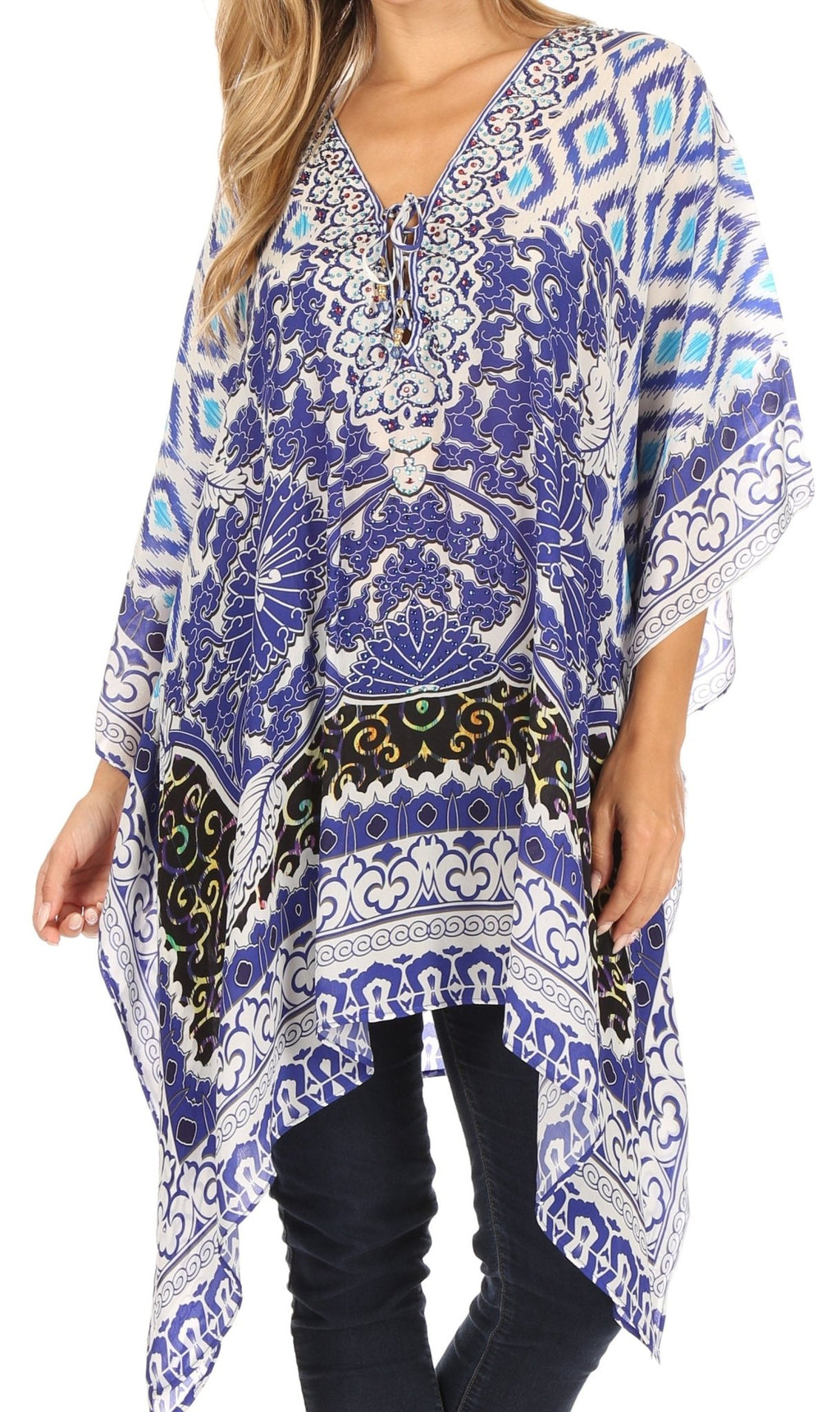 Stylish Rhinestone Lace-Up V-Neck Women's Caftan Poncho Cover-Up by Sakkas Aymee - Che Cose Belle