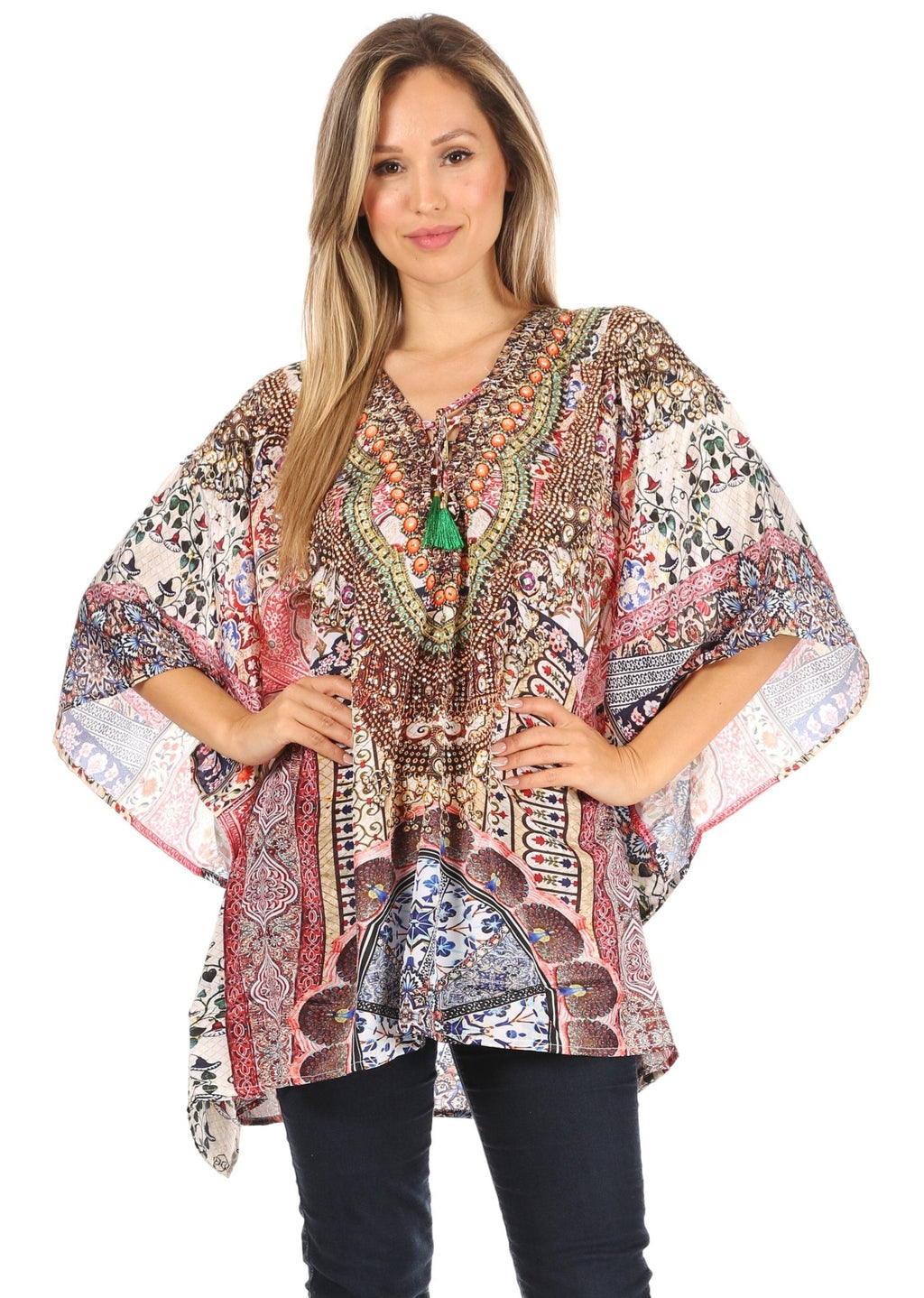 Stylish Rhinestone Lace-Up V-Neck Women's Caftan Poncho Cover-Up by Sakkas Aymee - Che Cose Belle