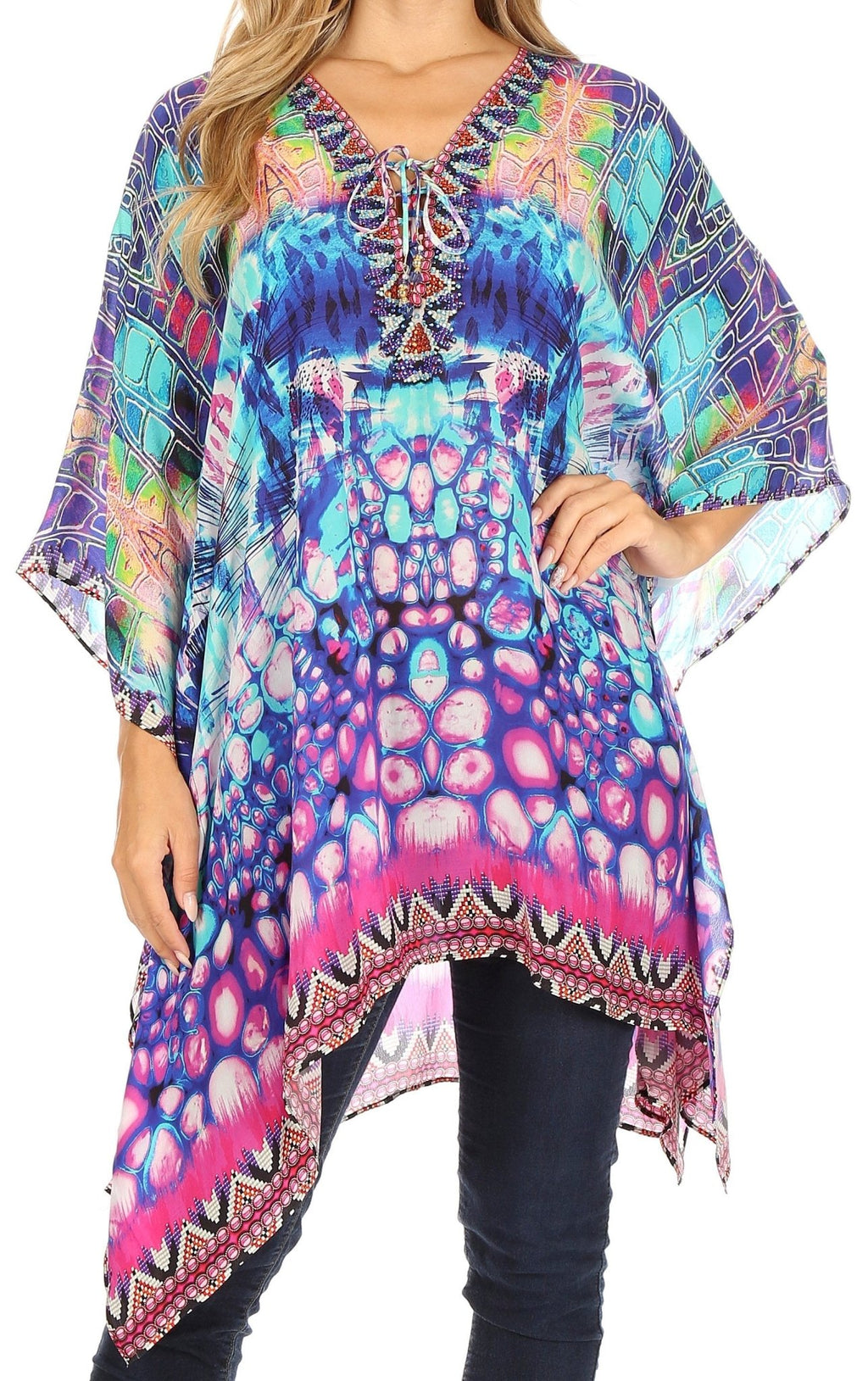 Stylish Rhinestone Lace-Up V-Neck Women's Caftan Poncho Cover-Up by Sakkas Aymee - Che Cose Belle