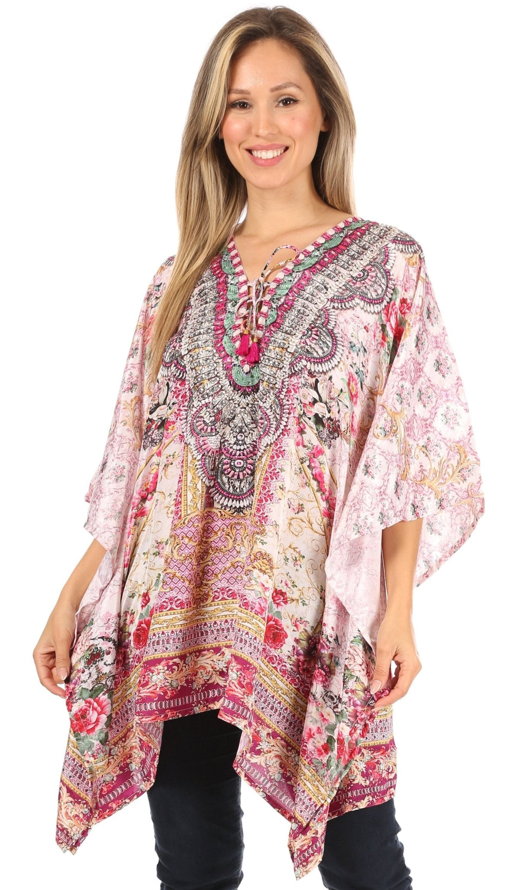 Stylish Rhinestone Lace-Up V-Neck Women's Caftan Poncho Cover-Up by Sakkas Aymee - Che Cose Belle