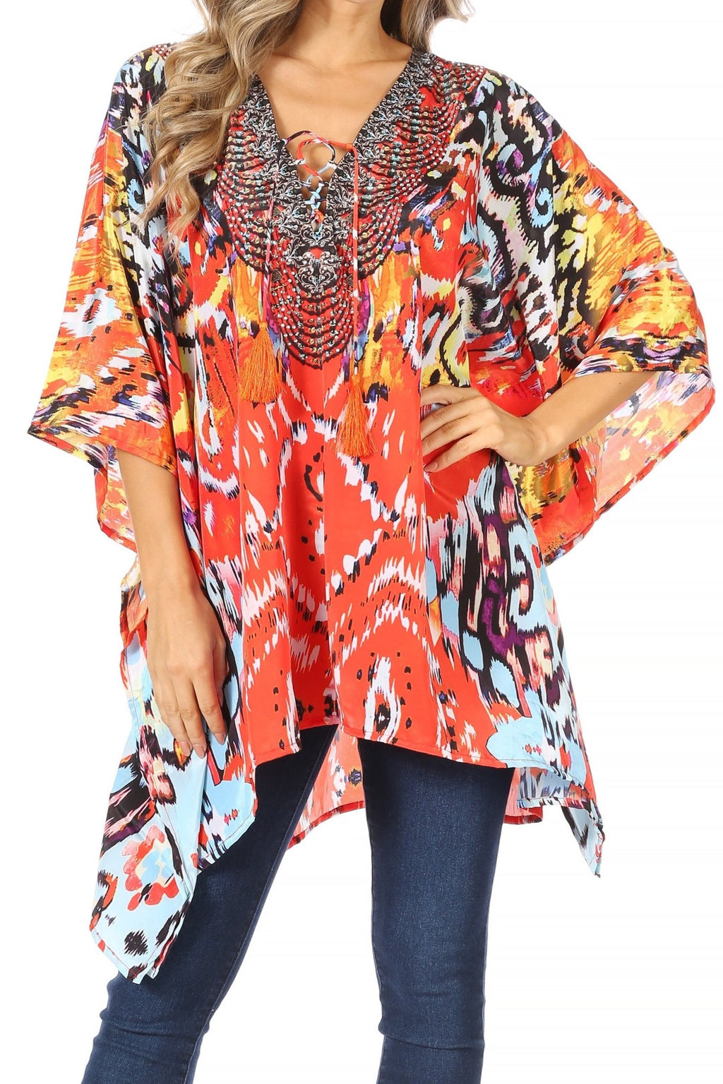 Stylish Rhinestone Lace-Up V-Neck Women's Caftan Poncho Cover-Up by Sakkas Aymee - Che Cose Belle