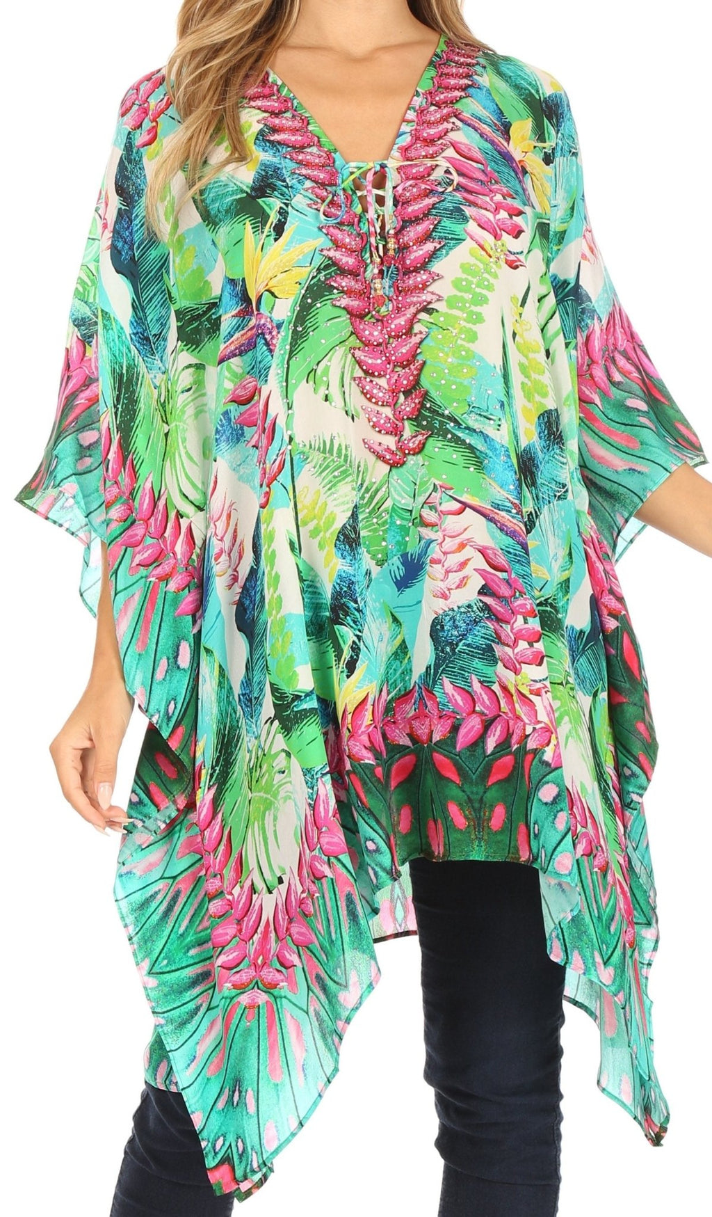 Stylish Rhinestone Lace-Up V-Neck Women's Caftan Poncho Cover-Up by Sakkas Aymee - Che Cose Belle