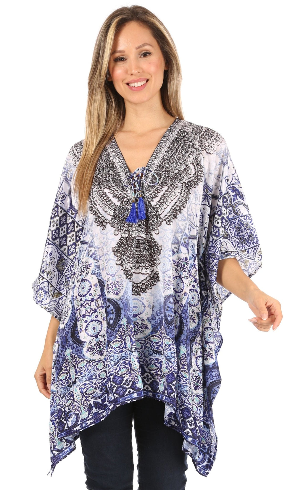Stylish Rhinestone Lace-Up V-Neck Women's Caftan Poncho Cover-Up by Sakkas Aymee - Che Cose Belle