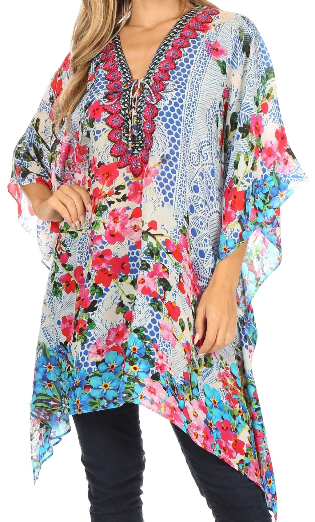 Stylish Rhinestone Lace-Up V-Neck Women's Caftan Poncho Cover-Up by Sakkas Aymee - Che Cose Belle