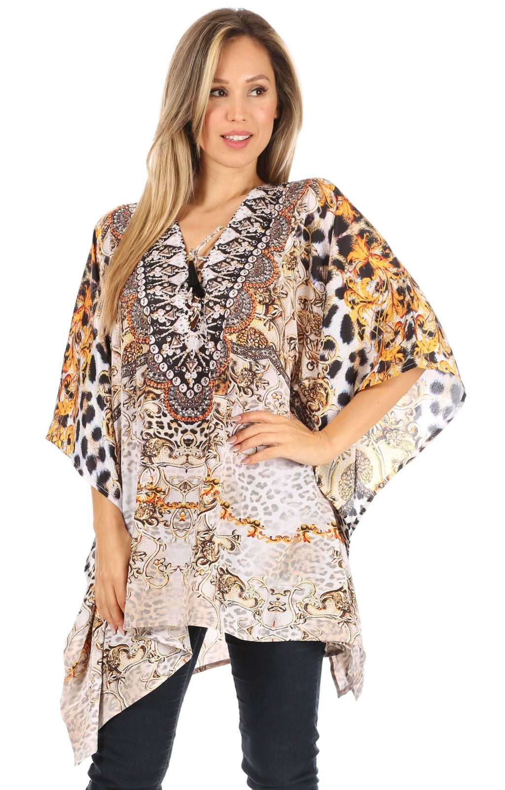 Stylish Rhinestone Lace-Up V-Neck Women's Caftan Poncho Cover-Up by Sakkas Aymee - Che Cose Belle