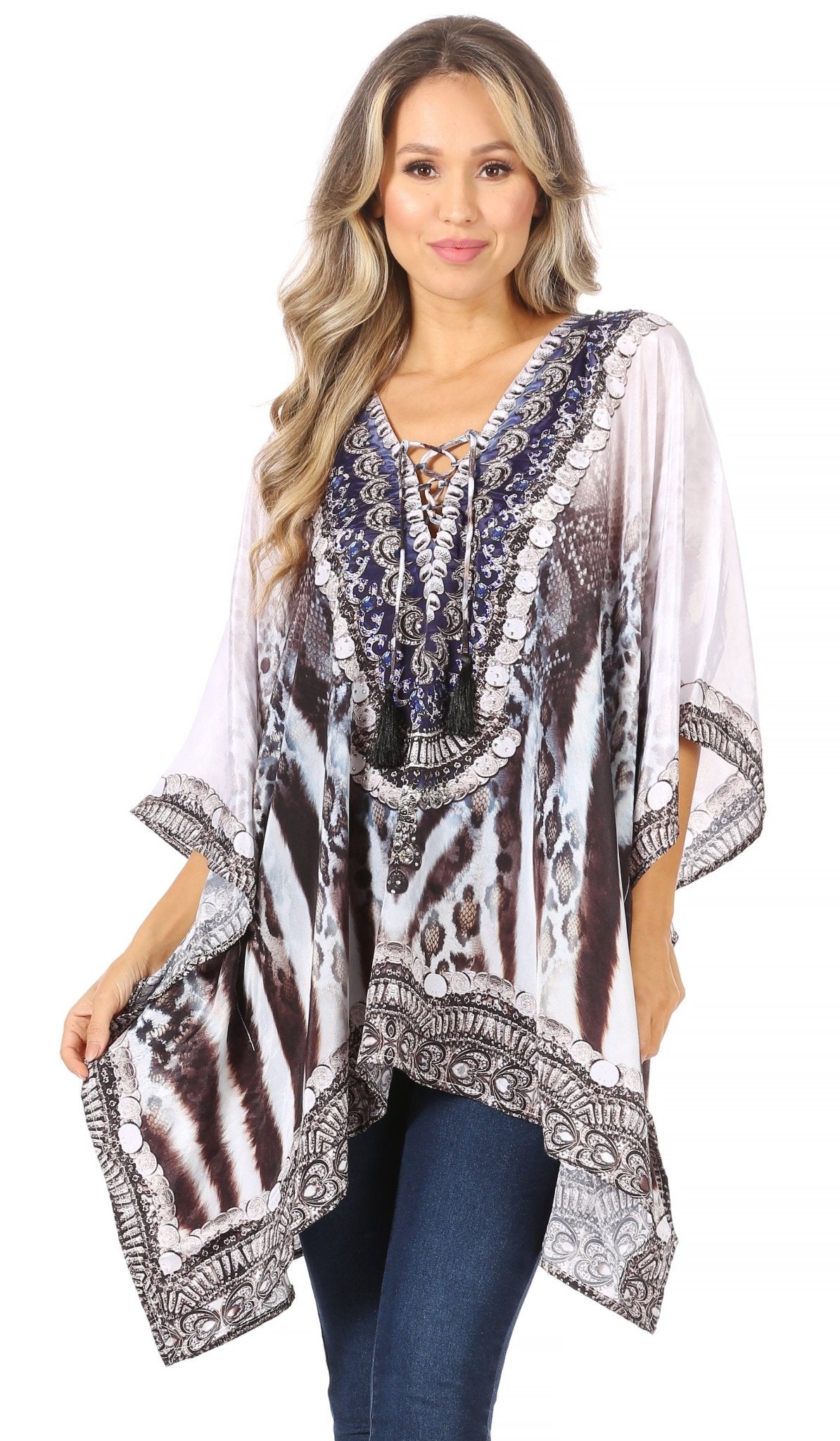 Stylish Rhinestone Lace-Up V-Neck Women's Caftan Poncho Cover-Up by Sakkas Aymee - Che Cose Belle