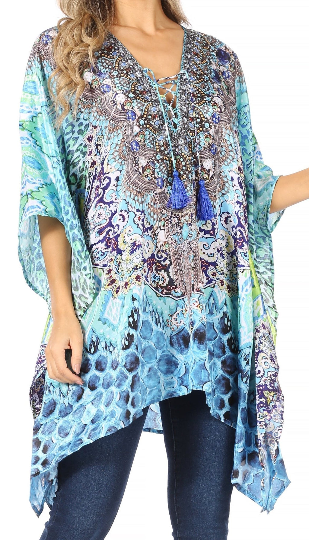 Stylish Rhinestone Lace-Up V-Neck Women's Caftan Poncho Cover-Up by Sakkas Aymee - Che Cose Belle
