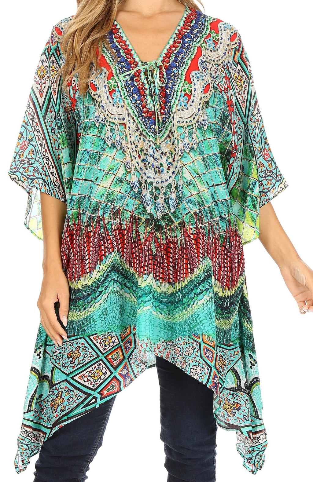 Stylish Rhinestone Lace-Up V-Neck Women's Caftan Poncho Cover-Up by Sakkas Aymee - Che Cose Belle