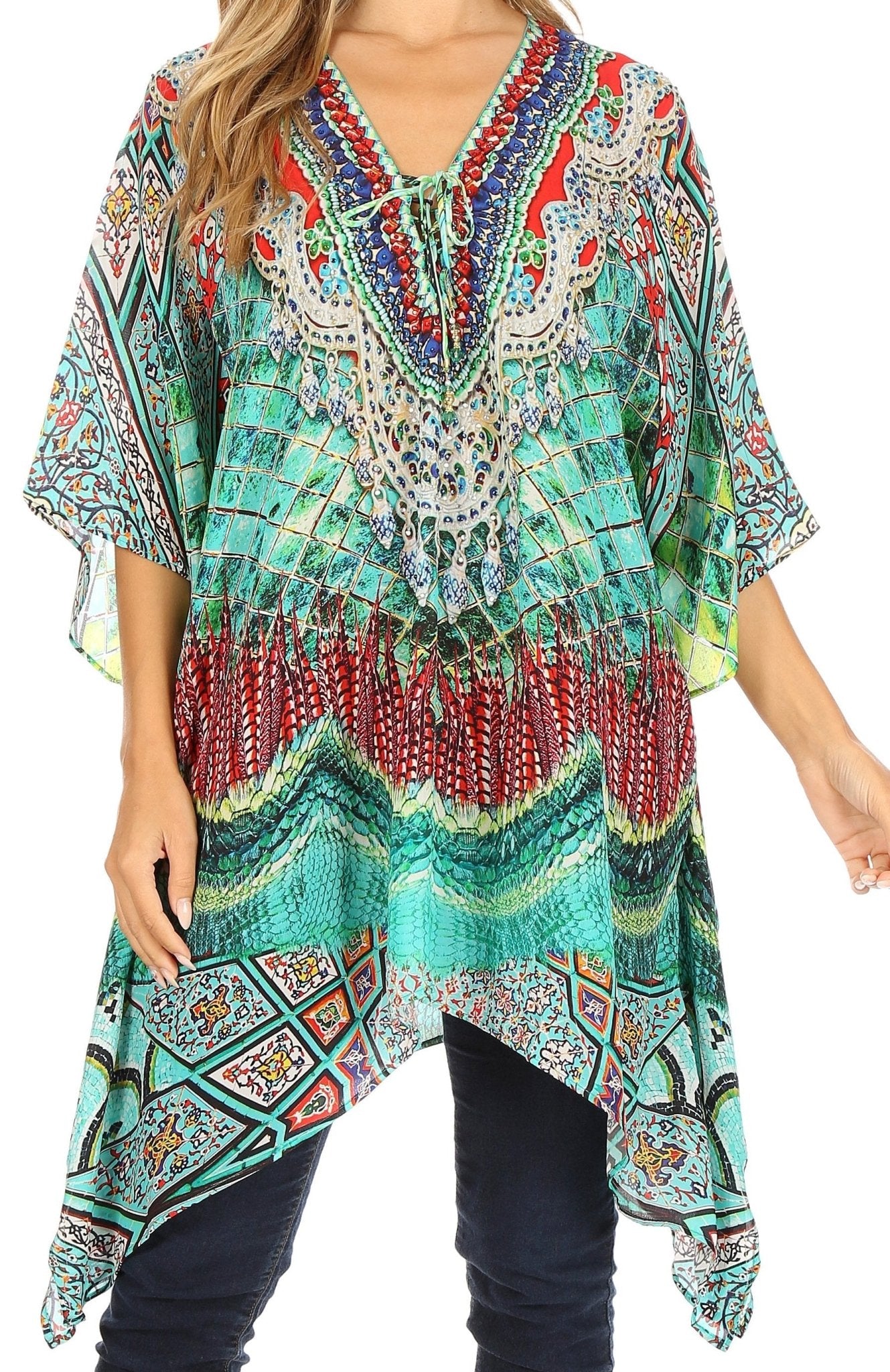 Stylish Rhinestone Lace-Up V-Neck Women's Caftan Poncho Cover-Up by Sakkas Aymee - Che Cose Belle