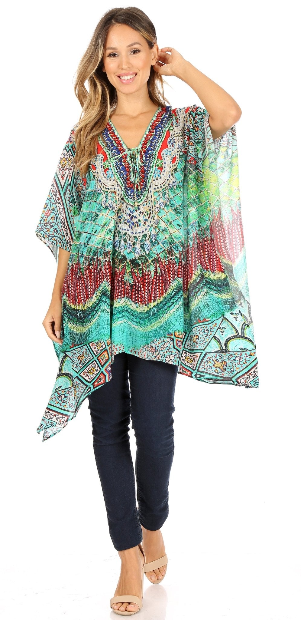 Stylish Rhinestone Lace-Up V-Neck Women's Caftan Poncho Cover-Up by Sakkas Aymee - Che Cose Belle