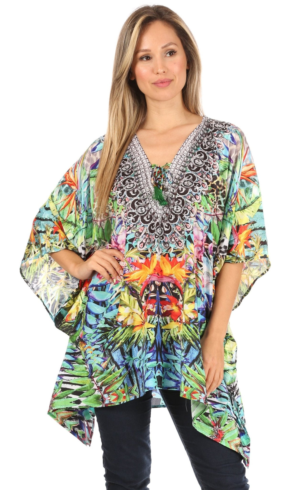 Stylish Rhinestone Lace-Up V-Neck Women's Caftan Poncho Cover-Up by Sakkas Aymee - Che Cose Belle