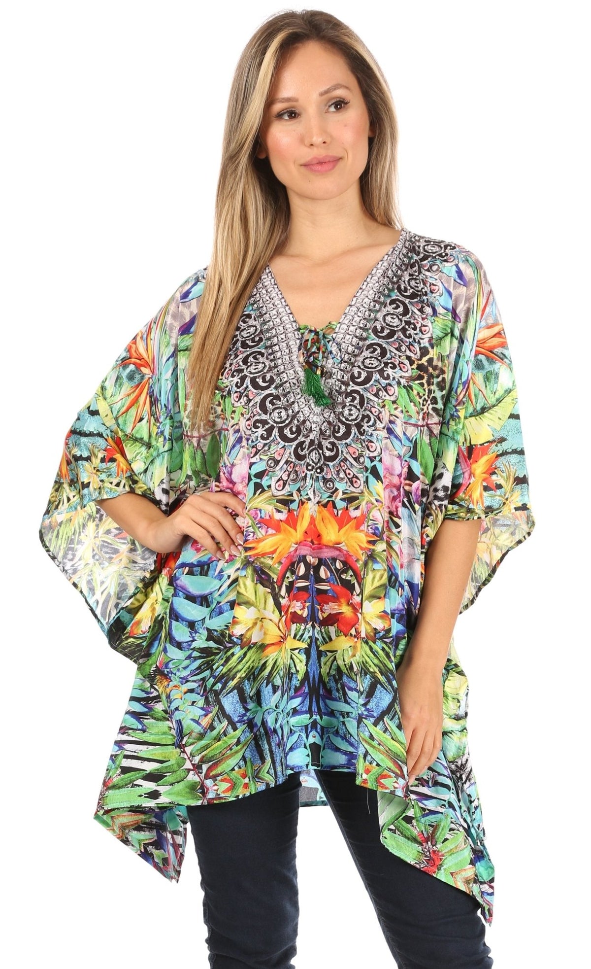 Stylish Rhinestone Lace-Up V-Neck Women's Caftan Poncho Cover-Up by Sakkas Aymee - Che Cose Belle
