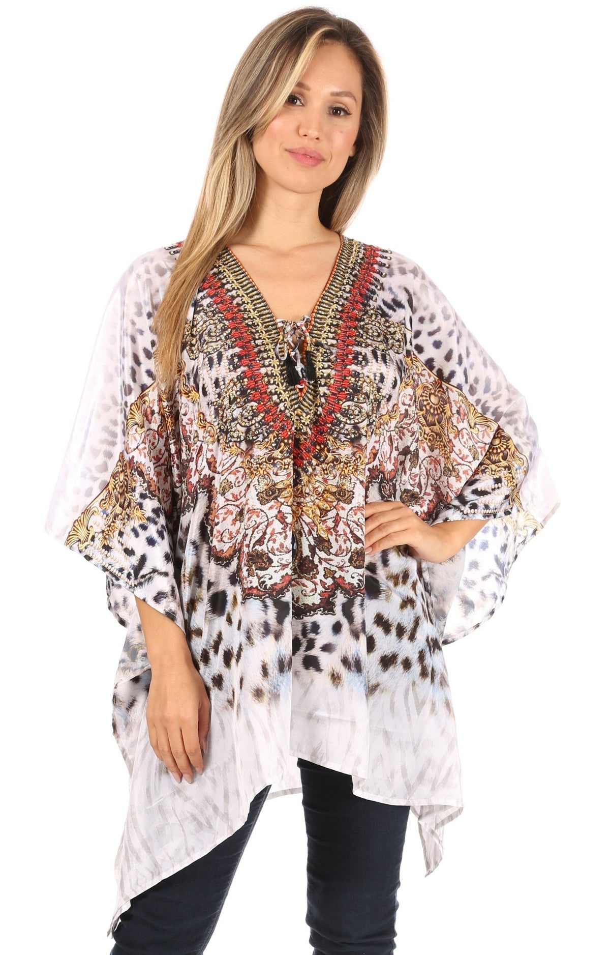 Stylish Rhinestone Lace-Up V-Neck Women's Caftan Poncho Cover-Up by Sakkas Aymee - Che Cose Belle