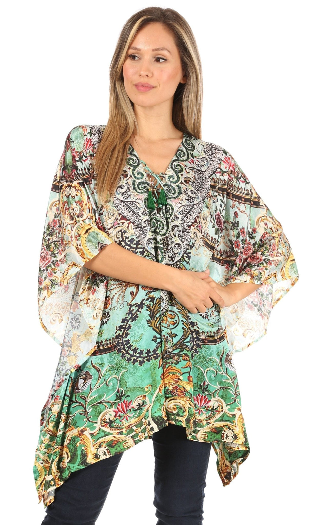 Stylish Rhinestone Lace-Up V-Neck Women's Caftan Poncho Cover-Up by Sakkas Aymee - Che Cose Belle