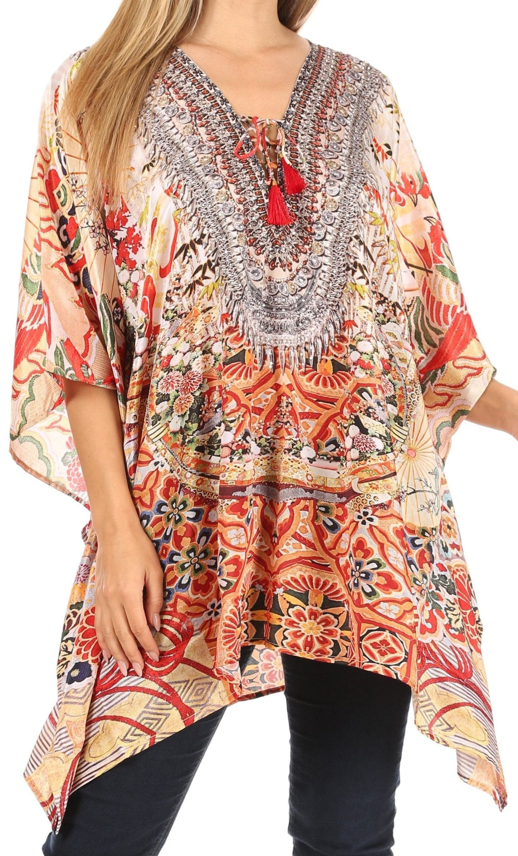 Stylish Rhinestone Lace-Up V-Neck Women's Caftan Poncho Cover-Up by Sakkas Aymee - Che Cose Belle