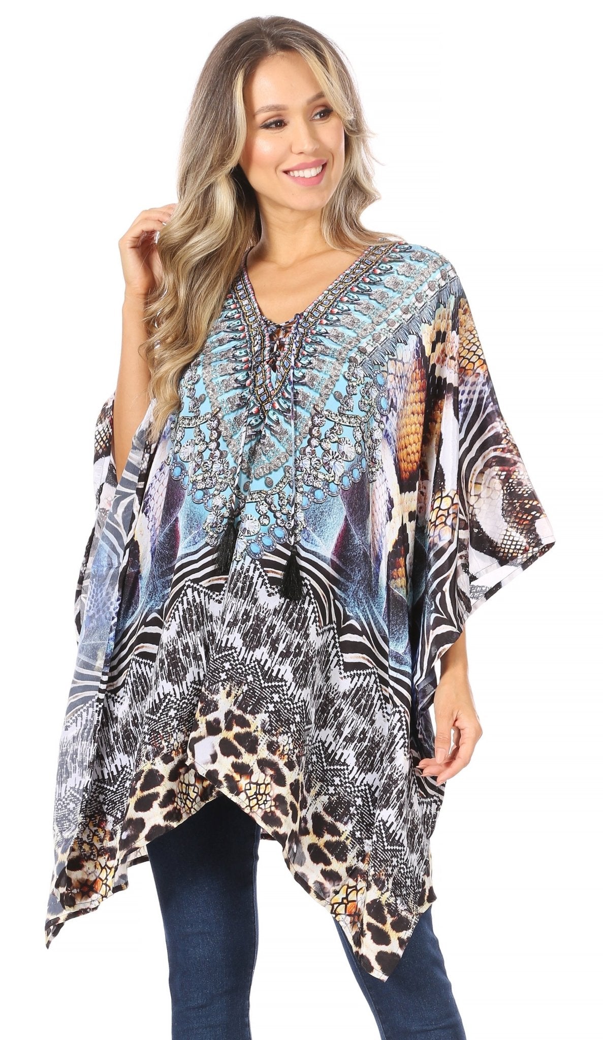 Stylish Rhinestone Lace-Up V-Neck Women's Caftan Poncho Cover-Up by Sakkas Aymee - Che Cose Belle