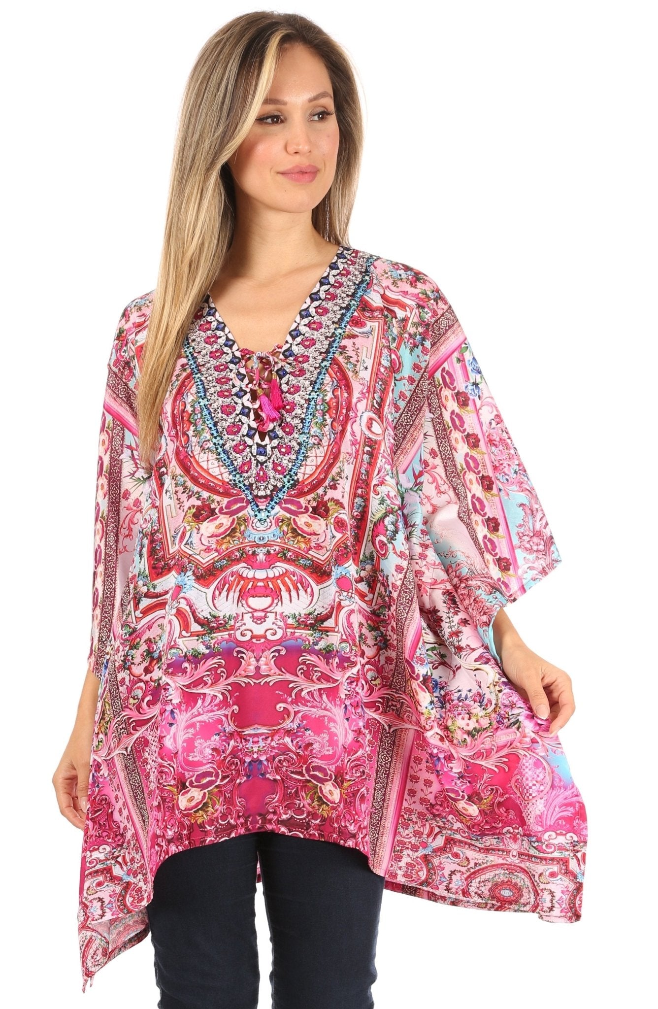 Stylish Rhinestone Lace-Up V-Neck Women's Caftan Poncho Cover-Up by Sakkas Aymee - Che Cose Belle