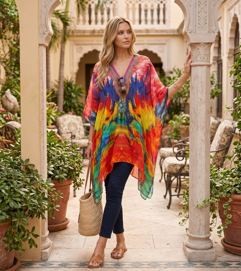 Stylish Rhinestone Lace-Up V-Neck Women's Caftan Poncho Cover-Up by Sakkas Aymee - Che Cose Belle