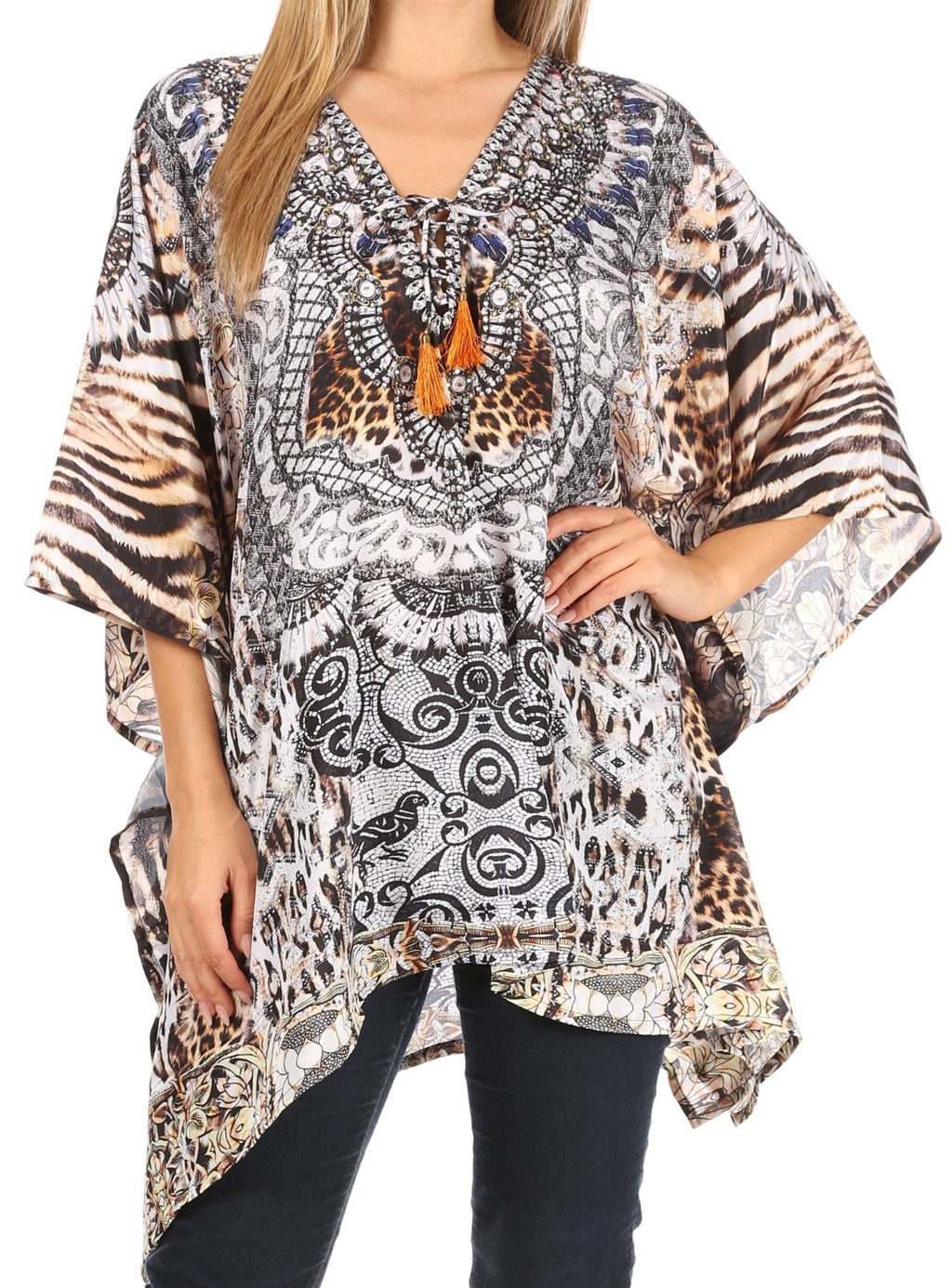 Stylish Rhinestone Lace-Up V-Neck Women's Caftan Poncho Cover-Up by Sakkas Aymee - Che Cose Belle