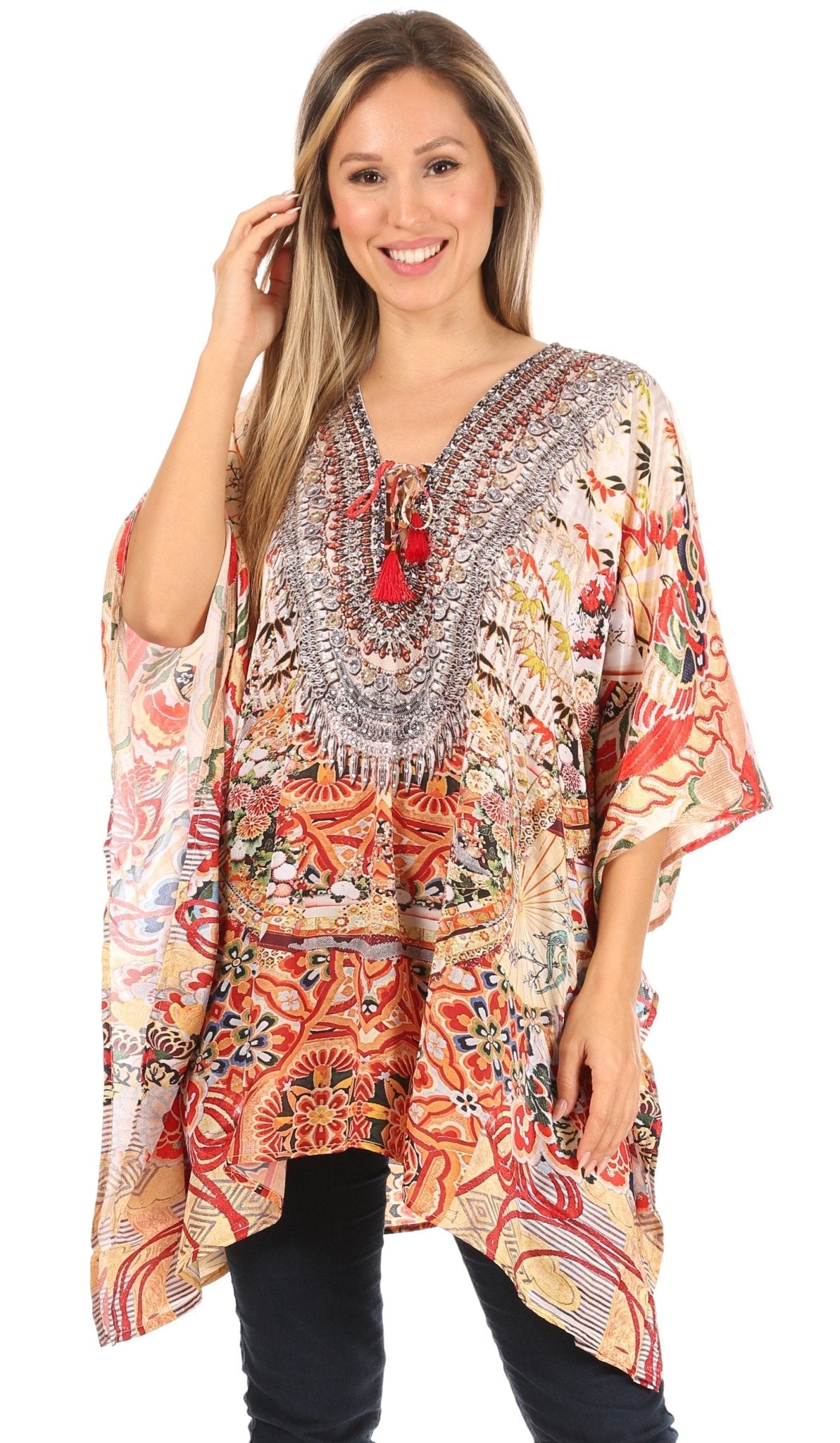 Stylish Rhinestone Lace-Up V-Neck Women's Caftan Poncho Cover-Up by Sakkas Aymee - Che Cose Belle