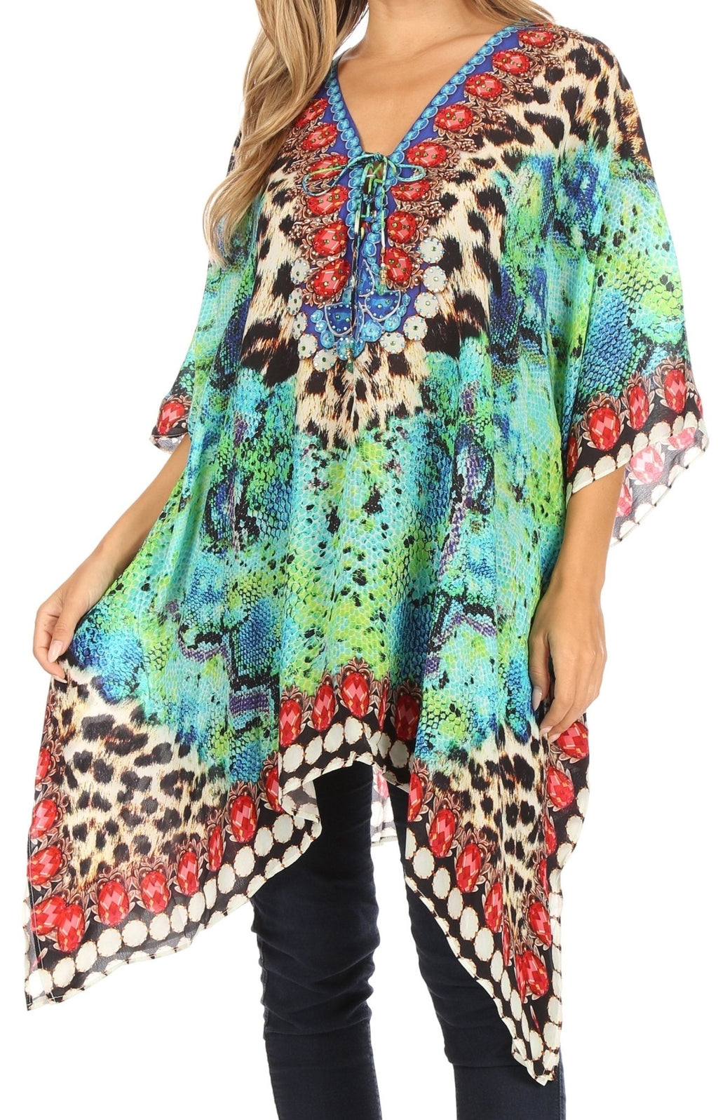 Stylish Rhinestone Lace-Up V-Neck Women's Caftan Poncho Cover-Up by Sakkas Aymee - Che Cose Belle