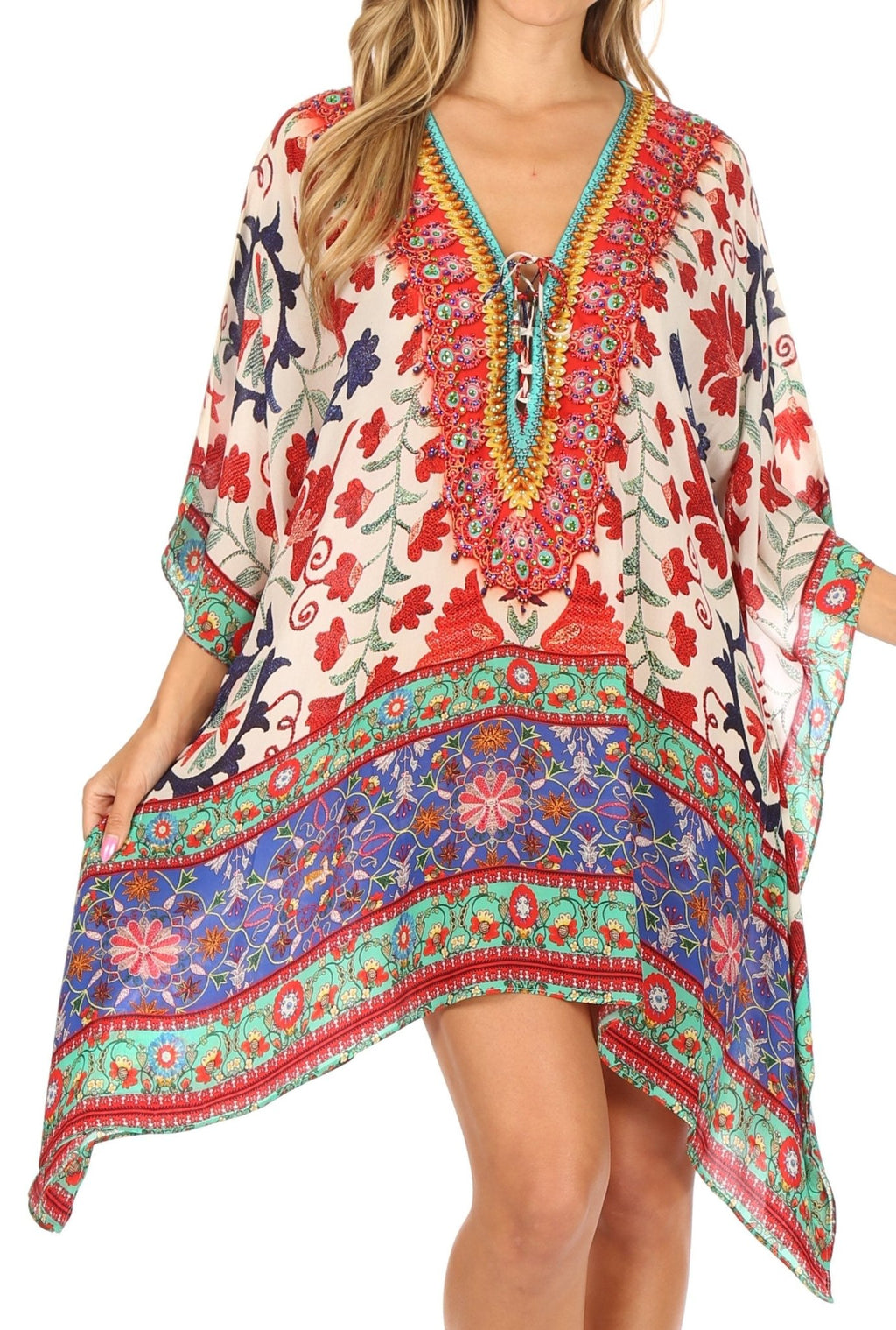 Stylish Rhinestone Lace-Up V-Neck Women's Caftan Poncho Cover-Up by Sakkas Aymee - Che Cose Belle
