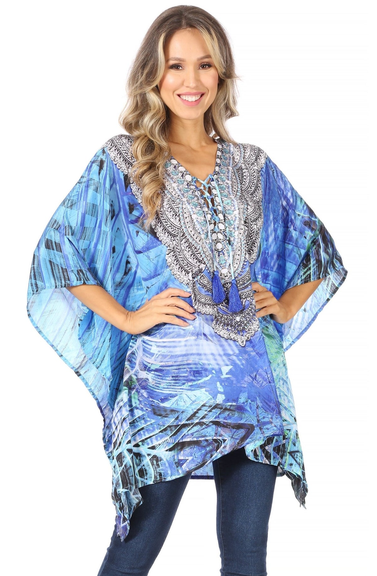 Stylish Rhinestone Lace-Up V-Neck Women's Caftan Poncho Cover-Up by Sakkas Aymee - Che Cose Belle