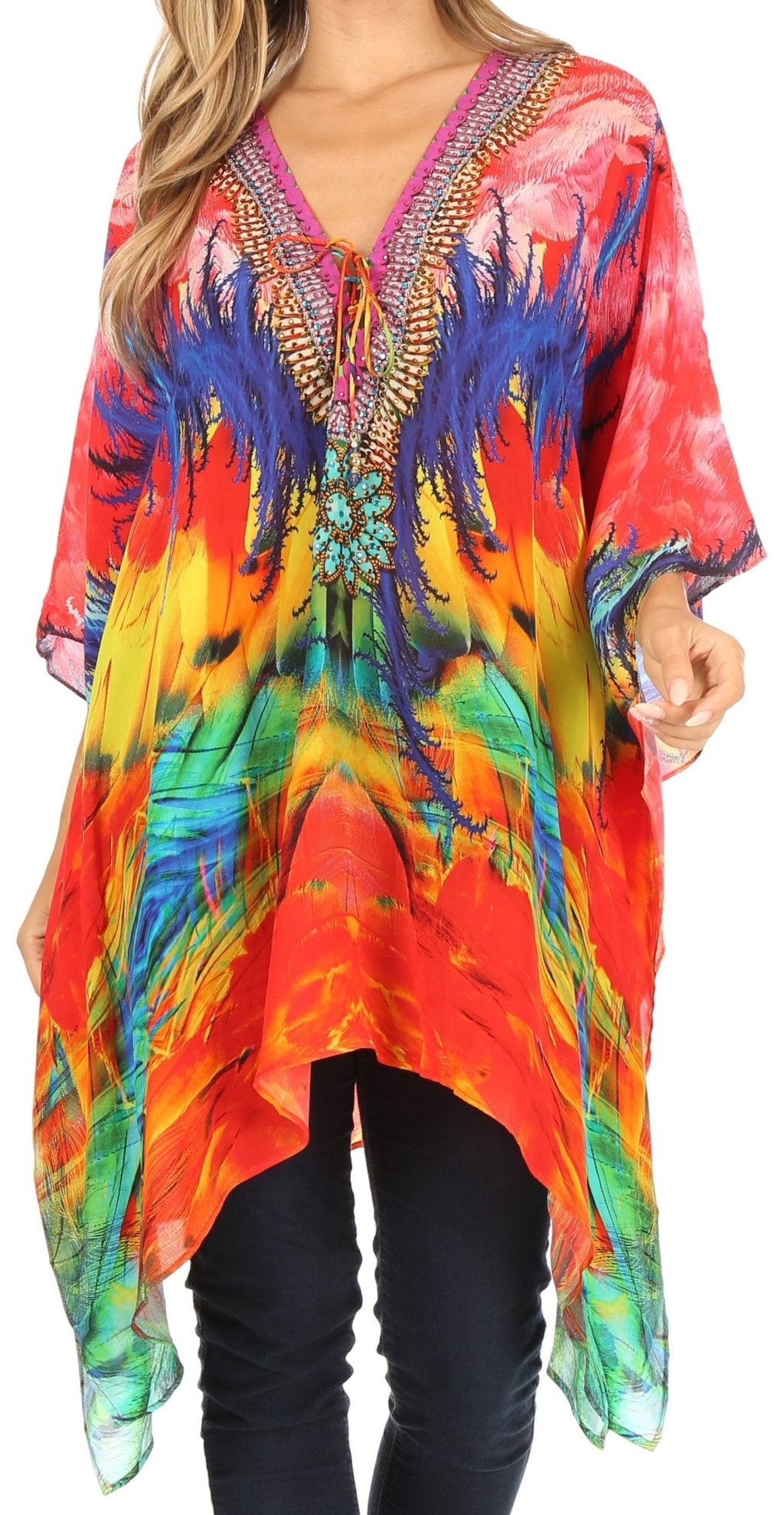 Stylish Rhinestone Lace-Up V-Neck Women's Caftan Poncho Cover-Up by Sakkas Aymee - Che Cose Belle