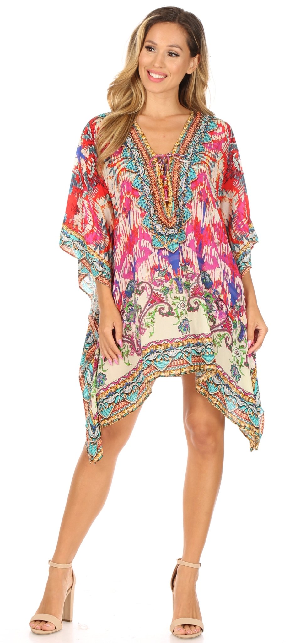 Stylish Rhinestone Lace-Up V-Neck Women's Caftan Poncho Cover-Up by Sakkas Aymee - Che Cose Belle