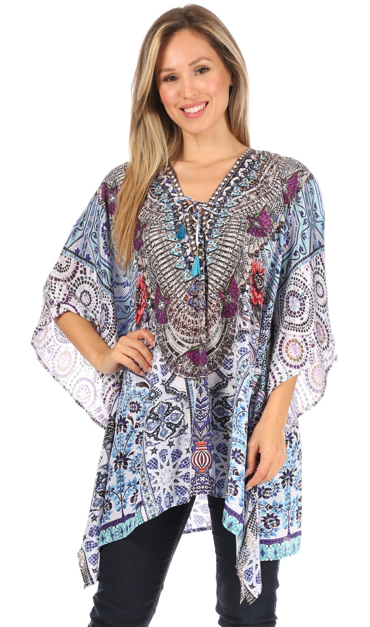 Stylish Rhinestone Lace-Up V-Neck Women's Caftan Poncho Cover-Up by Sakkas Aymee - Che Cose Belle
