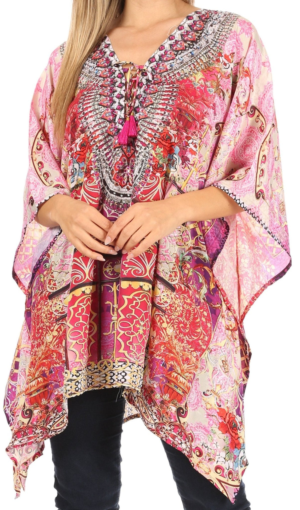 Stylish Rhinestone Lace-Up V-Neck Women's Caftan Poncho Cover-Up by Sakkas Aymee - Che Cose Belle