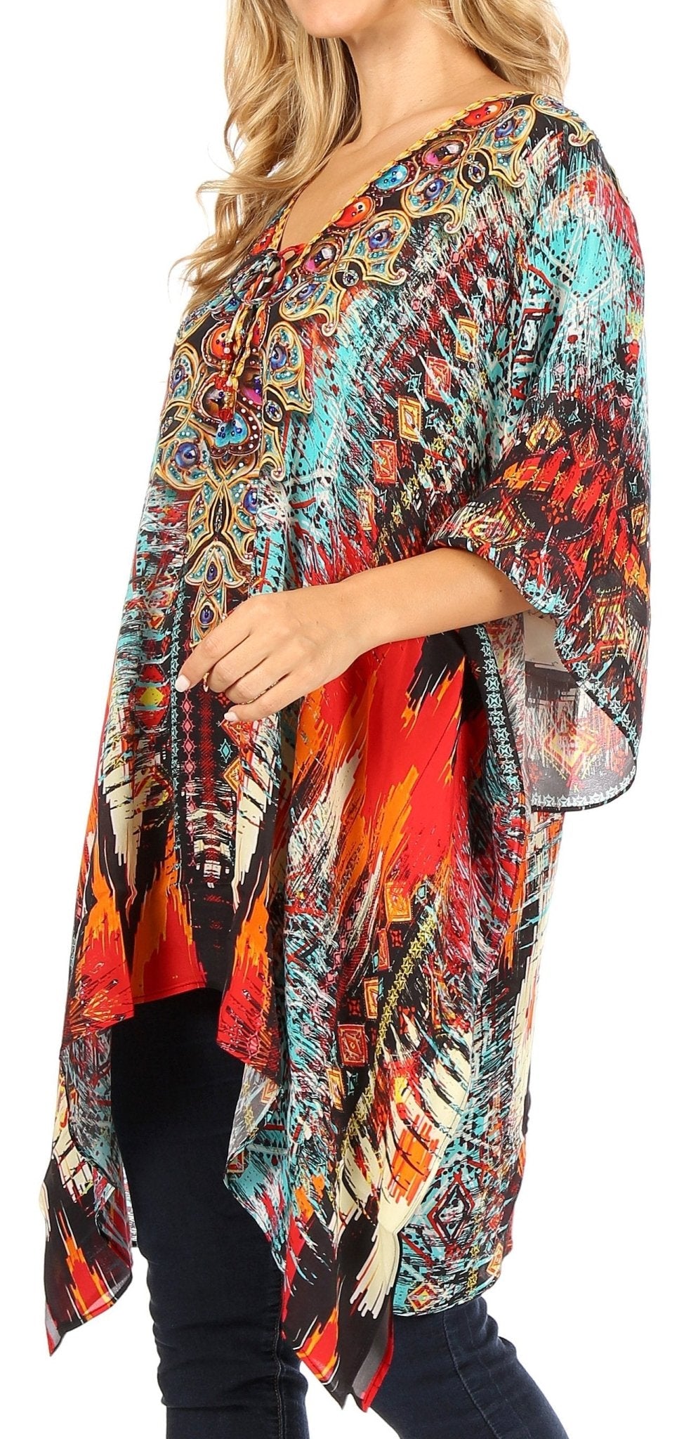 Stylish Rhinestone Lace-Up V-Neck Women's Caftan Poncho Cover-Up by Sakkas Aymee - Che Cose Belle