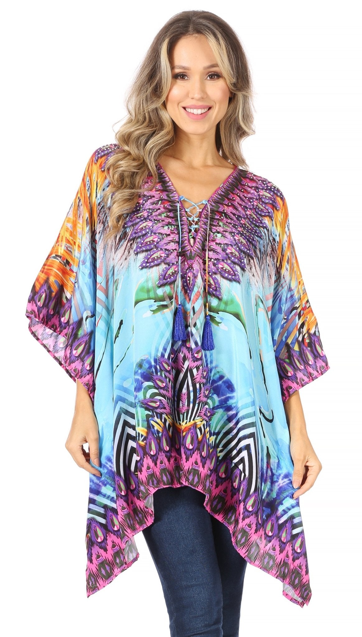 Stylish Rhinestone Lace-Up V-Neck Women's Caftan Poncho Cover-Up by Sakkas Aymee - Che Cose Belle