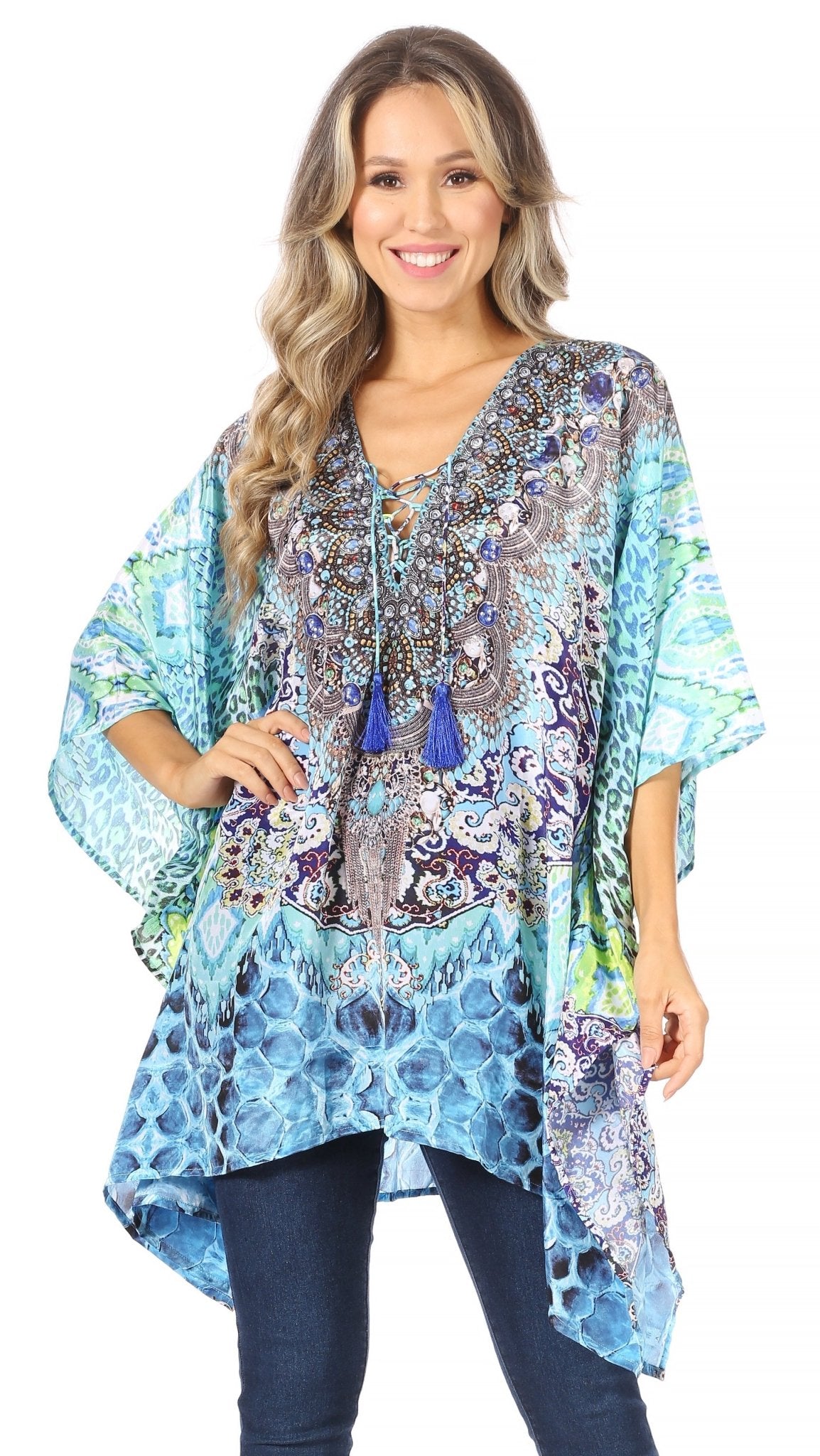 Stylish Rhinestone Lace-Up V-Neck Women's Caftan Poncho Cover-Up by Sakkas Aymee - Che Cose Belle