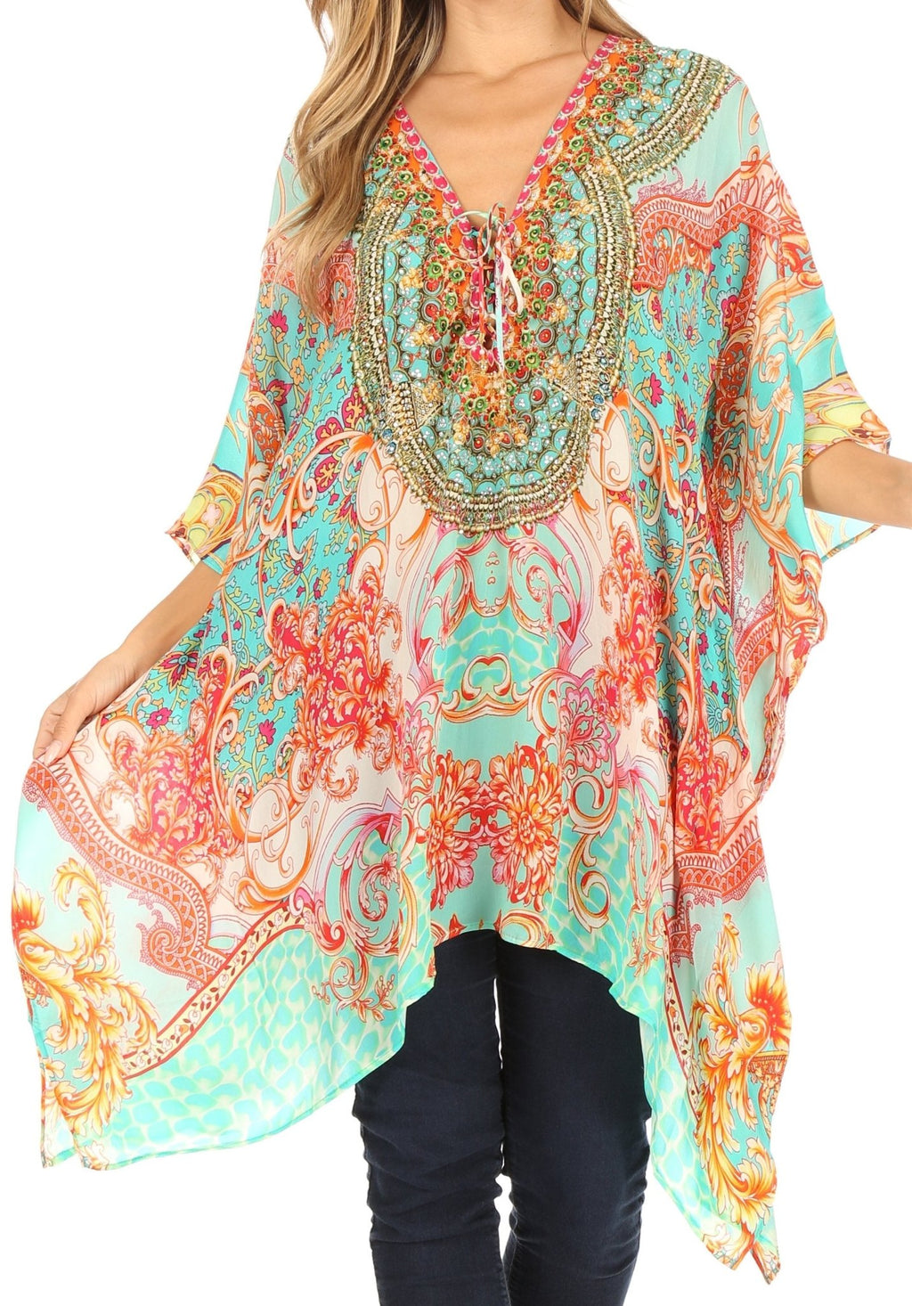 Stylish Rhinestone Lace-Up V-Neck Women's Caftan Poncho Cover-Up by Sakkas Aymee - Che Cose Belle