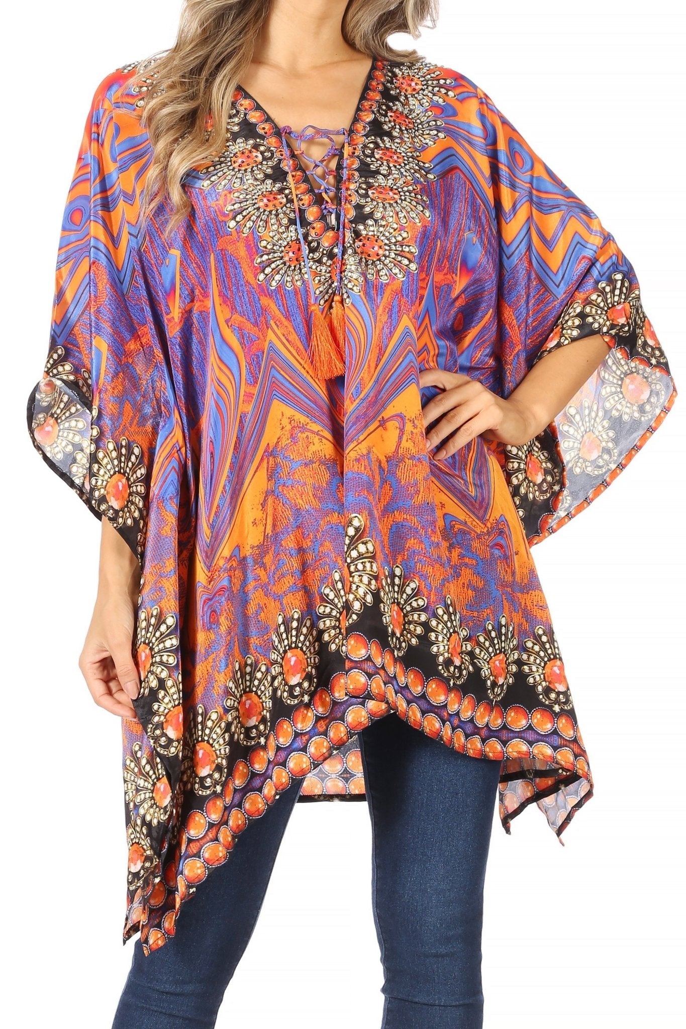 Stylish Rhinestone Lace-Up V-Neck Women's Caftan Poncho Cover-Up by Sakkas Aymee - Che Cose Belle