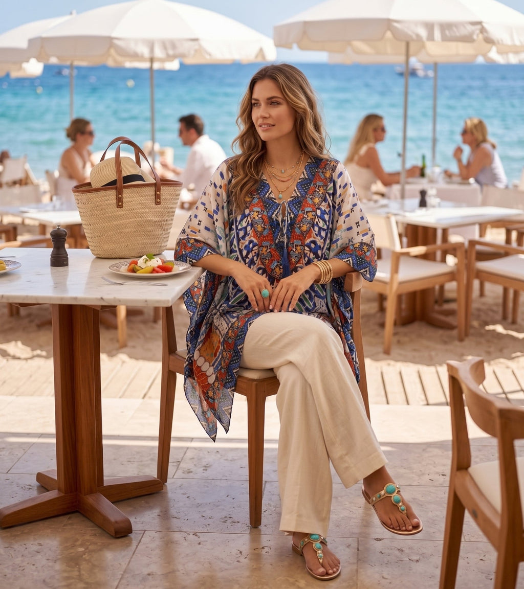 Stylish Rhinestone Lace-Up V-Neck Women's Caftan Poncho Cover-Up by Sakkas Aymee - Che Cose Belle