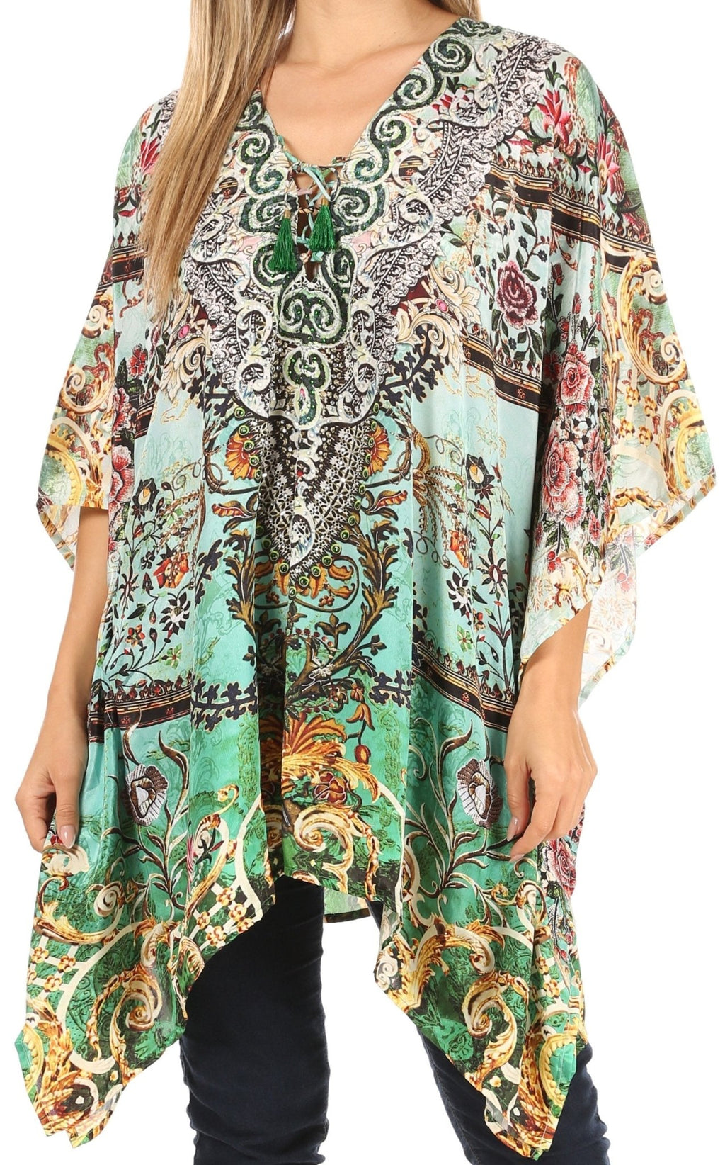 Stylish Rhinestone Lace-Up V-Neck Women's Caftan Poncho Cover-Up by Sakkas Aymee - Che Cose Belle