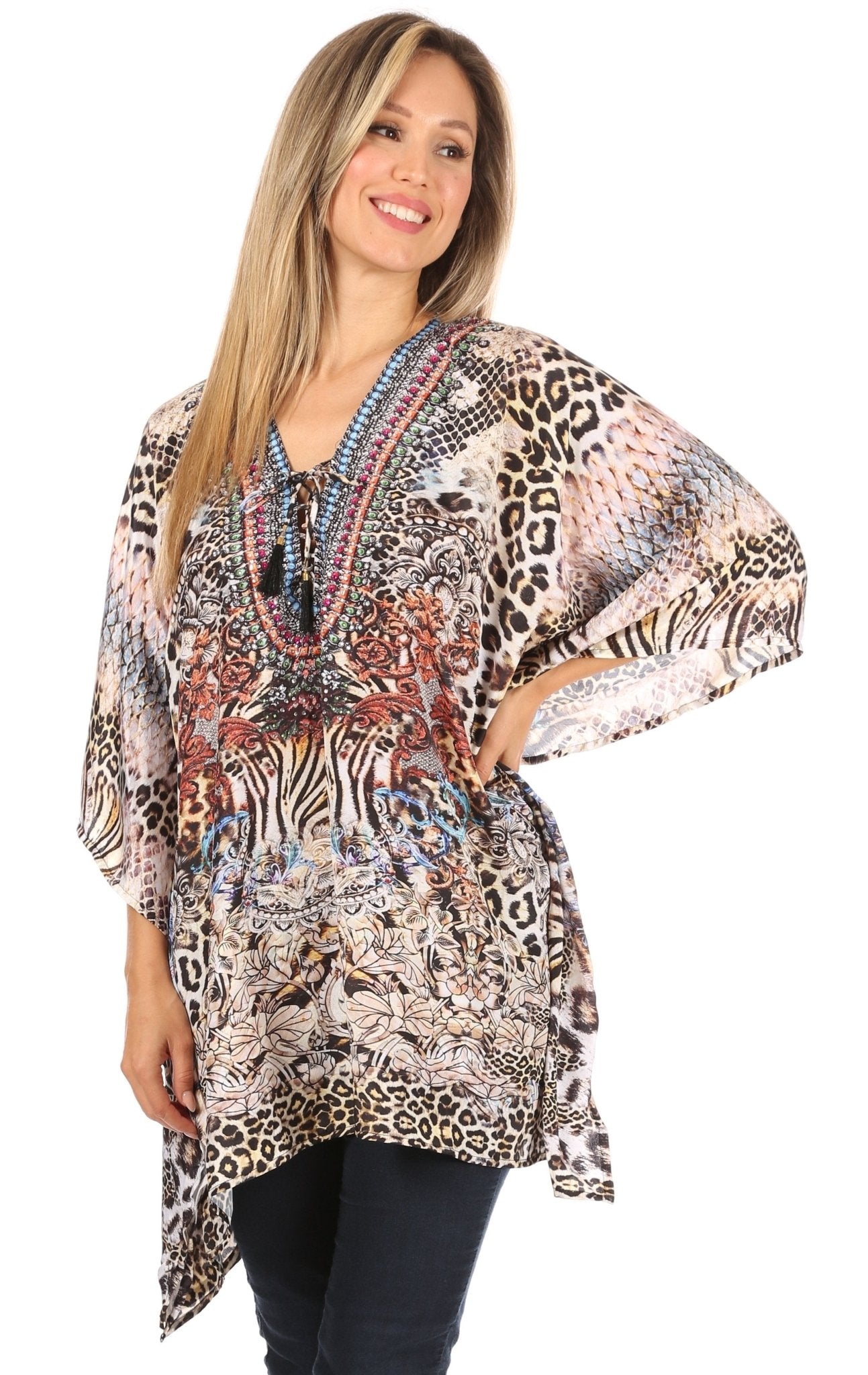 Stylish Rhinestone Lace-Up V-Neck Women's Caftan Poncho Cover-Up by Sakkas Aymee - Che Cose Belle