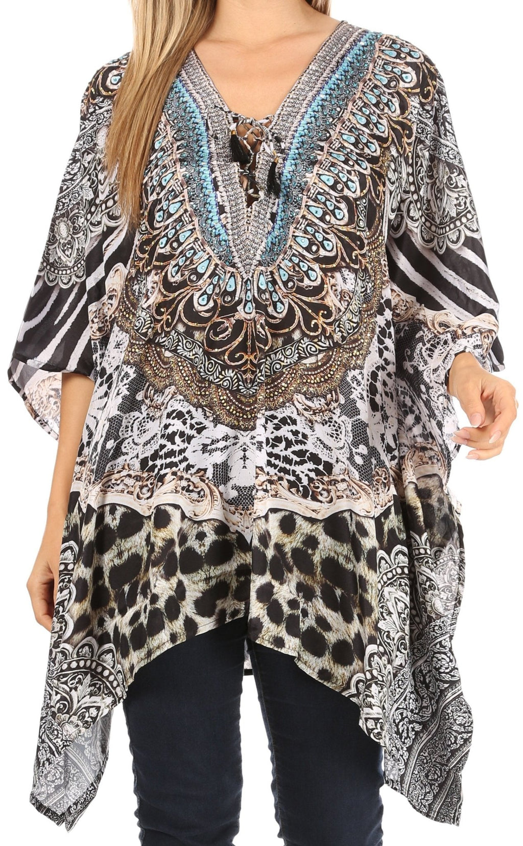 Stylish Rhinestone Lace-Up V-Neck Women's Caftan Poncho Cover-Up by Sakkas Aymee - Che Cose Belle