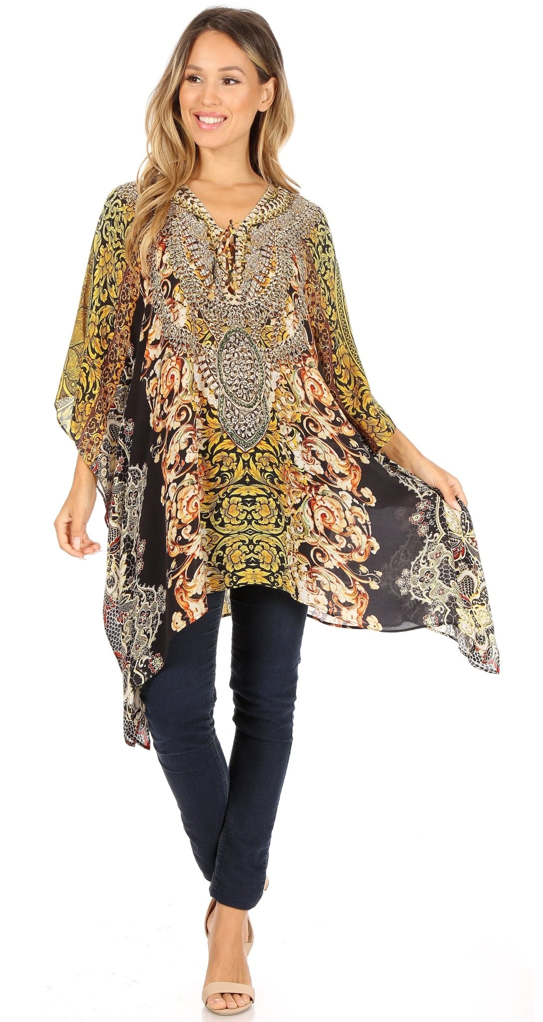 Stylish Rhinestone Lace-Up V-Neck Women's Caftan Poncho Cover-Up by Sakkas Aymee - Che Cose Belle