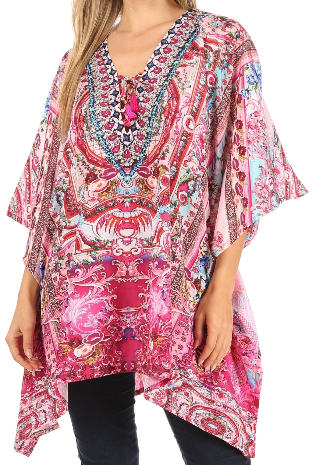 Stylish Rhinestone Lace-Up V-Neck Women's Caftan Poncho Cover-Up by Sakkas Aymee - Che Cose Belle