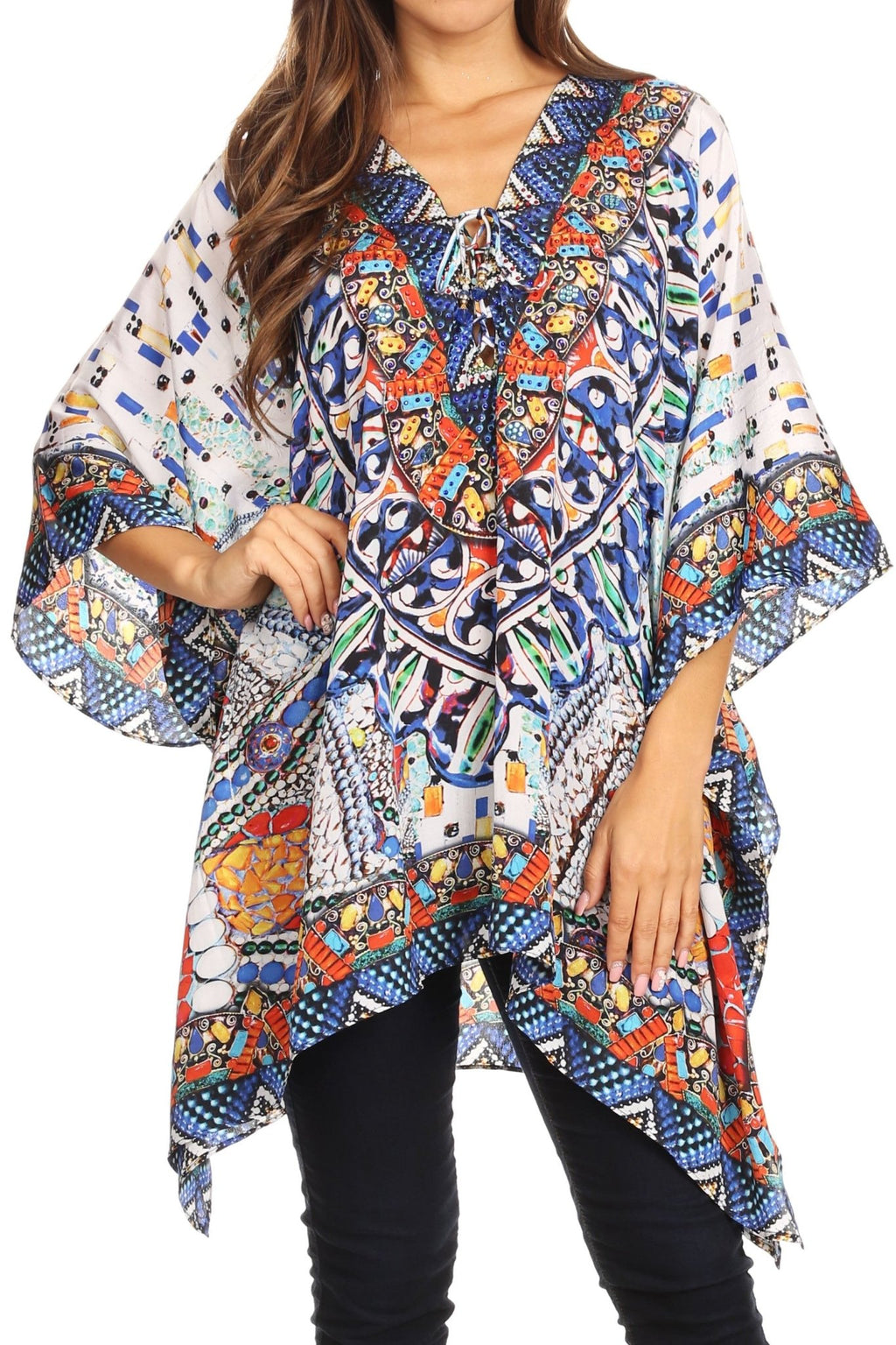 Stylish Rhinestone Lace-Up V-Neck Women's Caftan Poncho Cover-Up by Sakkas Aymee - Che Cose Belle