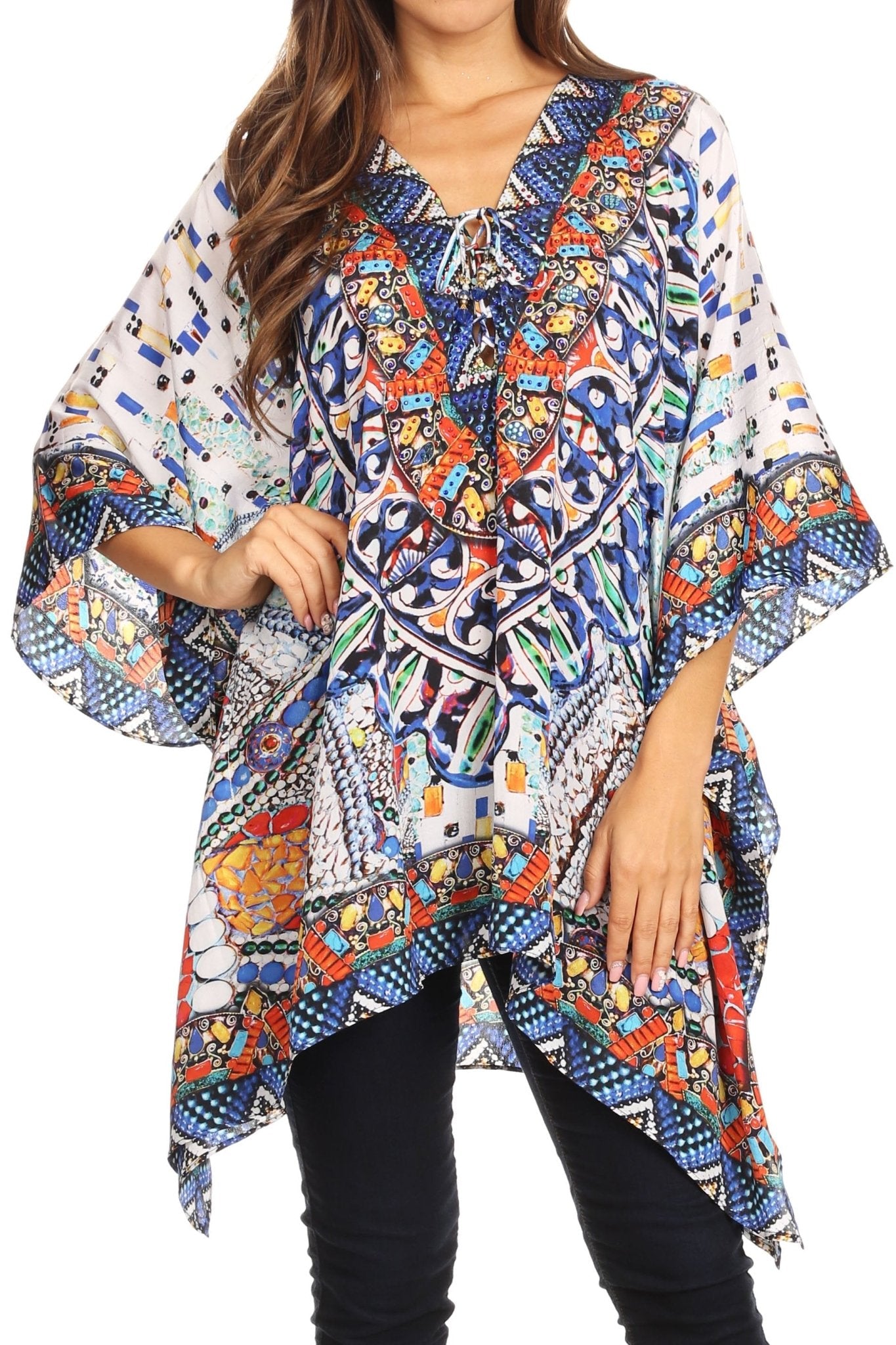 Stylish Rhinestone Lace-Up V-Neck Women's Caftan Poncho Cover-Up by Sakkas Aymee - Che Cose Belle