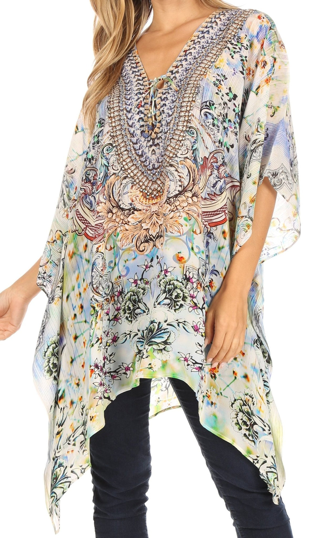 Stylish Rhinestone Lace-Up V-Neck Women's Caftan Poncho Cover-Up by Sakkas Aymee - Che Cose Belle