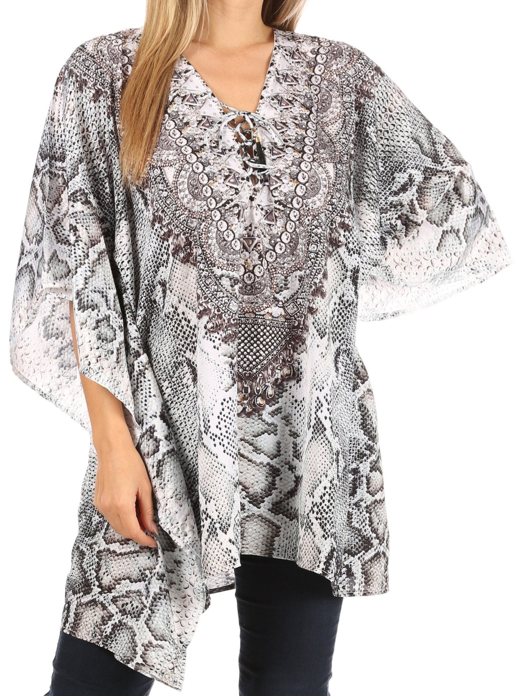 Stylish Rhinestone Lace-Up V-Neck Women's Caftan Poncho Cover-Up by Sakkas Aymee - Che Cose Belle