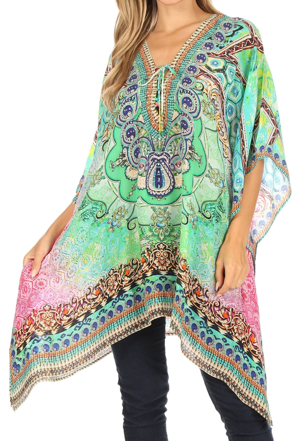 Stylish Rhinestone Lace-Up V-Neck Women's Caftan Poncho Cover-Up by Sakkas Aymee - Che Cose Belle