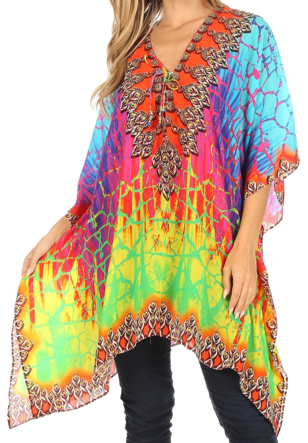 Stylish Rhinestone Lace-Up V-Neck Women's Caftan Poncho Cover-Up by Sakkas Aymee - Che Cose Belle