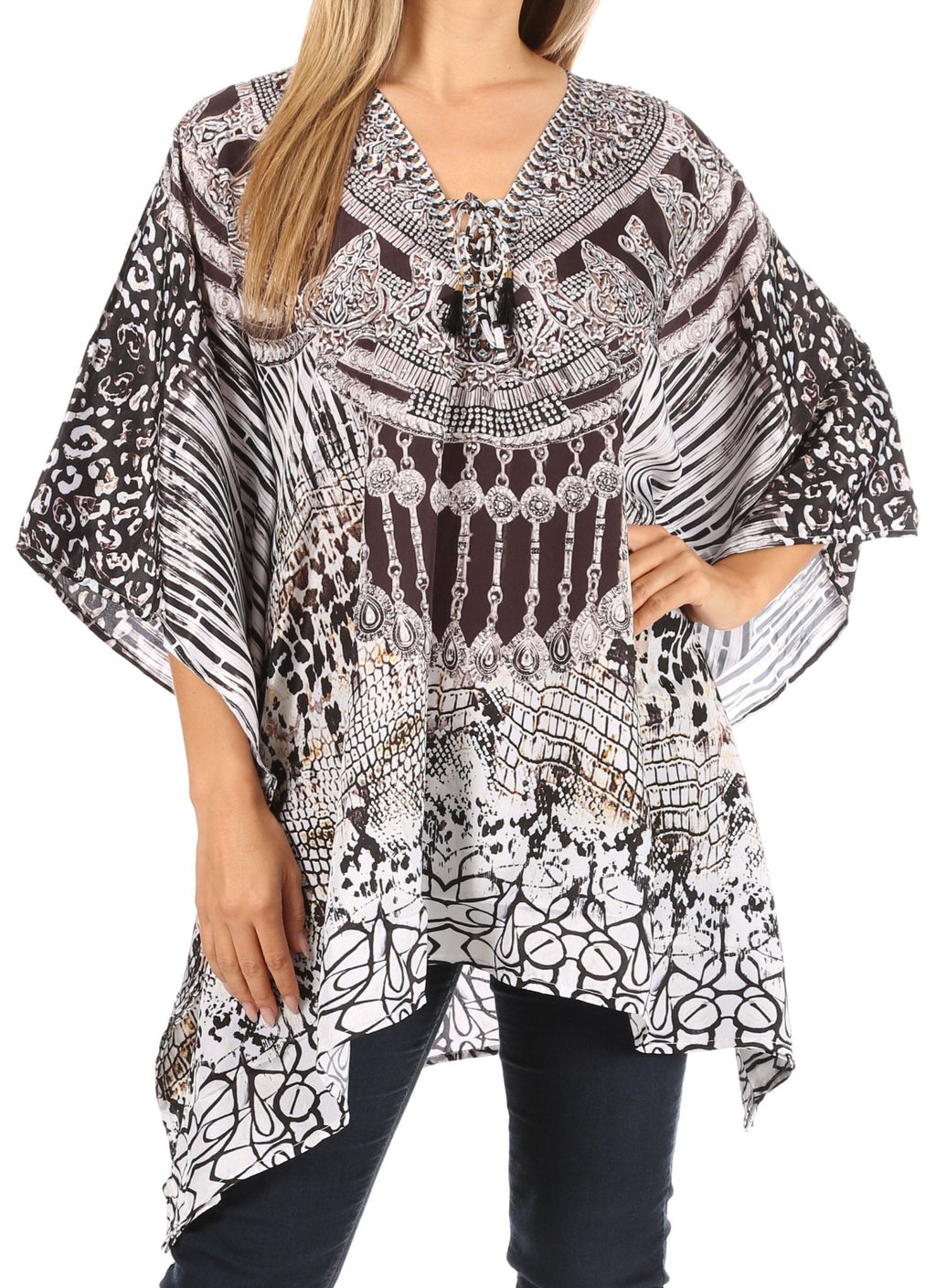 Stylish Rhinestone Lace-Up V-Neck Women's Caftan Poncho Cover-Up by Sakkas Aymee - Che Cose Belle